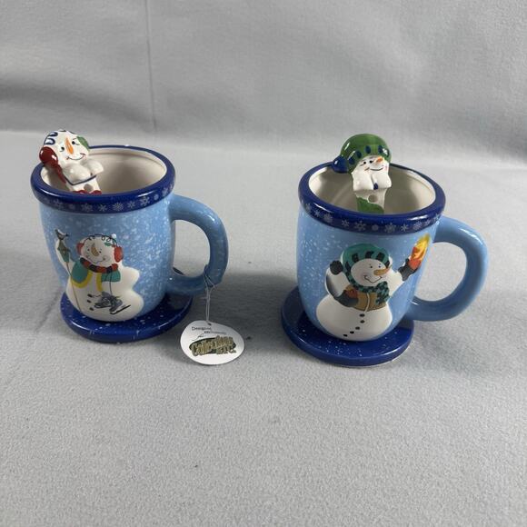 Snowman Coffee Cocoa Cup Mug Set Of 2 Each Cup Spoon Coaster Ceramic 2012 NEW - Picture 3 of 12
